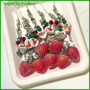 AngelCity Fashion Store Unique Sweet Strawberry Phone Charms Pendant Cute Bow Heart Beaded Keychain Camera Schoolbag Decoration Accessories Gifts