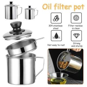 1.2L 304 Stainless Steel Oil Strainer Pot with Lid Filter Kitchen Use Oil Filter Container Cooking Oil Container Bottle Dispenser Utensils Silver