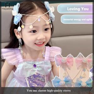 Hayating Cartoon Girls Hair Clip Children Mermaid Princess Fringe Pink Purple Bow Forehead Chain Hairpin Fairy Earhook Accessories