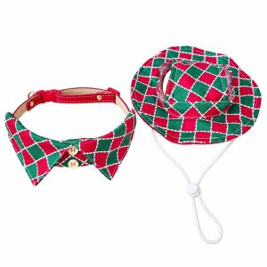 EODKUS Plaid Pattern Christmas Pet Collar Leash Ring Turn Down Lapel Dog Bow Tie Leash Attachable Bandana Adjustable Drawstring Cat Fisherman Hat Holiday Party