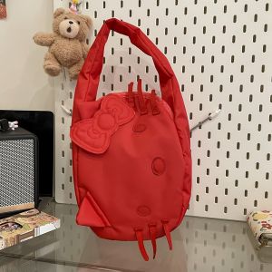 CRNGW Bow Kitty Shoulder Bag Embroidery Kitty Cat Nylon Tote Bag Sweet All-match Cartoon Handbag Girls