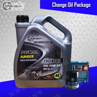 SAMIC Primal Amber SAE 20W-50 Semi Synthetic Motor Oil Change Bundle for Toyota Vios / Rush / Altis / Corolla / Yaris / Echo / Avanza / Wigo / Bb ( 4 Liters + Oil Filter )