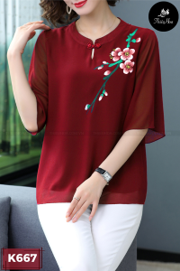 Áo Nữ Trung Niên Thiều Hoa chất voan 2 lớp họa tiết in hoa sang trọng vải mềm mịn thoáng mát Thương Hiệu Thiều Hoa K667