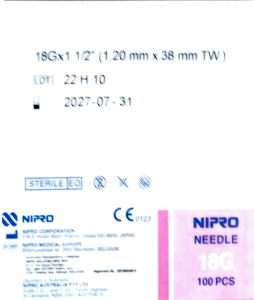 NIPRO MEDICAL NEEDLE 18G X 1 1/2 INCH (38MM) -100PCS  ( 14 BOXES + 1 BOX FOC) EXPIRY 2029
