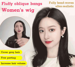 Womens head wig piece natural no trace parting to cover gray hair bangs fluffy wig piece