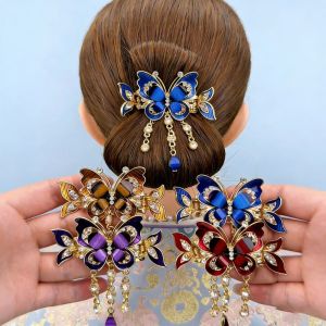LUXURYLYN Elegant Design Rhinestone Butterfly Hairpin Ethnic Style Tassel Decoration Butterfly Tassel Hair Clip Retro Small Size Crab Clip Female Headwear