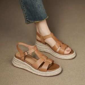 Free Shipping Thick-Soled Flat Sandals 2026 Summer New Collection Women’S Shoes Chunky Heels Mid-Heels Fashionable Sandals Straw-Woven Wedge Heels Open-Toe Sandals For Women
