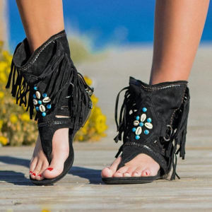 [Free Shipping] New Tassel Flat Sandals Large Size Beaded Roman Sandals For Women