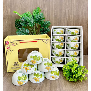 Set Bát Cơm (chén cơm) Bát Tràng Cao Cấp Hàng Loại I - Bộ Bát Ăn Cơm Men Kem Vẽ Tay Hoa Sen Cam