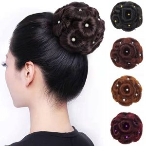 GUORE Pearl Synthetic Hair Bun Flower Ring Bun Hair Bun Donut Nine Flowers Hair Hair Extension Small Bundle Curly Chignon Women