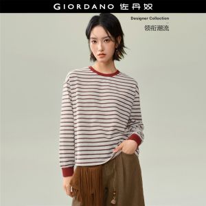 GIORDANO Women T-Shirts Contrast Trim Furry Striped Knit Tee Drop Shoulder Fashionable Casual Relaxed T-Shirts 18326832