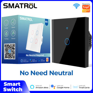 SMATRUL Smart Light Switch NO Neutral Wire NeededTuya APP 2.4GHz WiFi Black 1/2/3/4 gang Tempered Glass Touch Panel Touch Wall Mount Switches Works for Alexa and Google Home and 天猫精灵