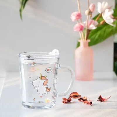 Ready Stock!!Childrens Breakfast Glass mug With Straw Scale Cartoon Glass Milk cup with Handle