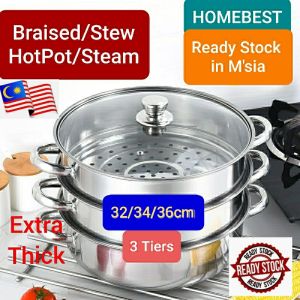 New:32/34/36/38/40cm Extra Thick Stainless Steel 3Tiers Steamer Cookware Pot/Peralatan Memasak Pengukus