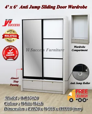 Yi Success 4ft x 6ft Anti Jump Sliding Door Wardrobe (Siap Pasang) / 4 Kaki Almari Baju Sliding Door / Glass Door Almari