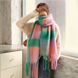 GOUPDO Versatile Four Color Thickened Scarf Long Tassel Female Korean Style Cashmere Scarf 2023 Thicker Rainbow Winter Plaid Shawl