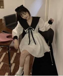 đầm baby doll phối cổ v đầm dáng xoè đen trắng (tặng kèm quần váy)(BB14)
