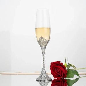 Luxury Crystal Rimmed Champagne Glass Drink Goblet Cup Wedding Toasting Flute Glasses Set Rhinestone Drinkware Glasses Gift