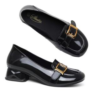 Women‘s Black Rubber Chunky Heel Loafers - Round-Toe Slip On Comfort Work School Shoes for Girls Lightweight Non-Slip