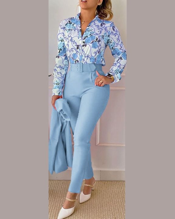 Stand Collar Spring Lady Long Pants Suit Elegant Office Women Vintage Pants  Set With Sashes Casual Streetwear Slim Trousers Set