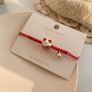 OEUVR Adjustable Unique Creative Cute Ceramic Cat Pendant Hand Rope Gifts Bell Maneki Neko Bracelet Chinese Style Jewelry Women Hand Ring Red Braided Rope
