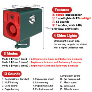 WH Solar Alarm Light with Loud Volume Scare Wild Boar Repellent Rechargeable Beast Repellent Warning Light Sustainable Property Protection Lights Loud Dog Barking Nighttime Flash Arti