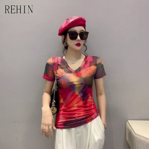 REHIN Womens top Summer fashion mesh three-dimensional unique print short-sleeved T-shirt round neck slim thin S-3XL elegant blouse