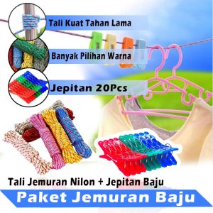 DADIDU. Paket Jemuran Baju Tali Nylon  Tali Tambang + Jepitan Baju - Tali Jemuran Gantungan Baju - Tali Nilon Panjang 10 meter