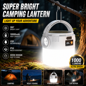 Super Bright Solar Camping Light 1000mAH Portable Tent Lamp Rechargeable IP67 Waterproof Digital display Outdoor Emergency light Flashlight with Led