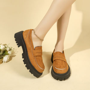 Platform Sole Large Size Chunky Heel Loafers For Women 2026 Autumn New Vintage Thick-Soled Leather Shoes