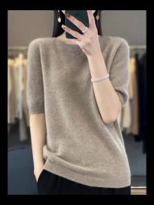 First-line ready-to-wear 100% Merino wool knitted short-sleeved womens loose solid color slim commuter five-point cuff T-shirt2026
