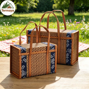 Termaya Foldable Bamboo Rattan Woven Multi-purpose Picnic Basket Portable Storage Vegetable Organizer Fruit Basket Bakul Rotan