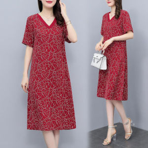 กระโปรงยาวปานกลาง วัสดุเย็น ชุดเดรสไซส์ใหญ่ผู้หญิง มีเอกลักษณ์ ไม่มีการซีดจาง ปกปิดเนื้อแลดูเรียวขึ้น