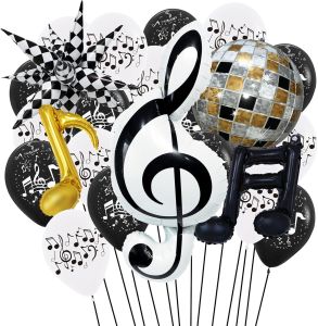 29 Pcs Black White Gold Music Balloons Music Note Disco Ball Checkered Star Balloons for Musical Theme Birthday Wedding Party Rock Concert Decorations