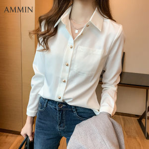 AMMINเกาหลีสวยเสื้อชิฟองสีขาวสําหรับผู้หญิงใหม่แขนยาวSlim-Fitเสื้อLadyเสื้อลําลองแฟชั่น