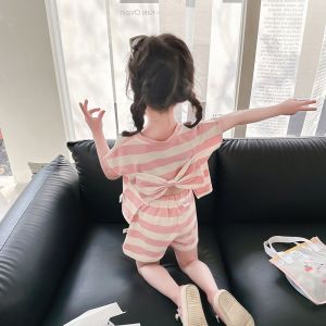 LS Show Girls Two-piece Striped Childrens Korean Casual Loose Stylish Little Girls Two-piece Summer Short Sleeved Baby Summer Outfit
