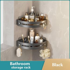 Black Triangle Bathroom Corner Shelf Punch Free Installation Self Draining Rust Proof Storage with Hooks