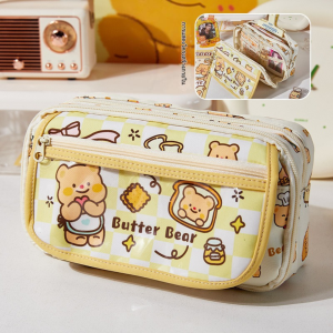 💗 พาส่อง กระเป๋าใส่เครื่องเขียน น้องหมีเนย มีช่องซิปและช่องเล็กหลายช่อง ขนาด 24×14×8 cm