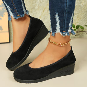 [Free Shipping] Round-Toe Autumn-Style Plush-Lined Plus-Size Slip-On Wedge-Heeled Loafers For Women Casual And Easy-To-Wear