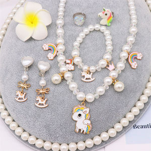 O-KAY 6 pcs Unicorn Anak-anak Gelang Gelang Set Gelang Anting Cincin Kalung Kalung Anak Perempuan Aksesoris Bayi Perhiasan