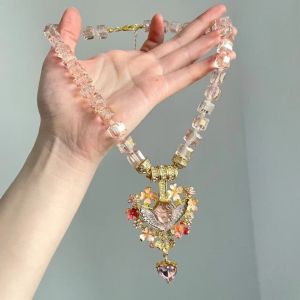 Cổ Điển Ngủ Thiên Thần Mặt Dây Chuyền Công Chúa Vòng cổ trái tim Cho nữ ngọt ngào Cao cấp Màu Hồng Đính Cườm Chuỗi vòng xương đòn