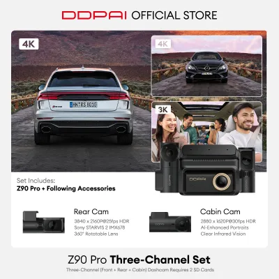 DDPAI Z90 Pro Dual 3-CH 4K+2K+3K Sony Starvis 2 Series Triple HRD Dash Cam with 4G Connectivity GPS