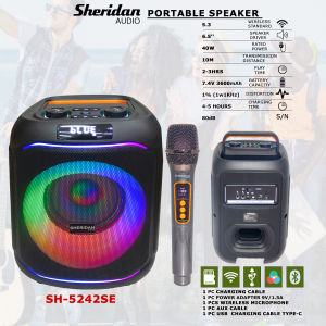 Sheridan SH-5242SE / SH-5253AW Portable Bluetooth Speaker 40W with Wireless Microphone RGB LED FM USB AUX TWS Karaoke Rechargeable
