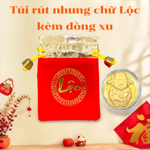 Túi rút mini túi đỏ may mắn túi rút nhung chữ Lộc túi dây rút nhung đỏ kèm đồng xu mạ vàng 24K - Life Style 4U