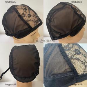 langyouzi9 หมวกวิกผมลูกไม้สำหรับทำวิก56ซม. พร้อมสายรัดที่สามารถปรับได้หมวกแก๊ปทรงโดมสีดำสำหรับผู้หญิง