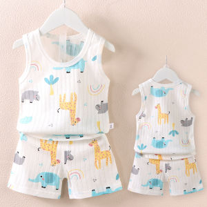 Summer new Korean version of childrens vest set boys and girls baby cute cartoon thin casual sleeveless vest shorts loungewear baby boys 0-1-2 -3 years old baby clothes childrens clothing