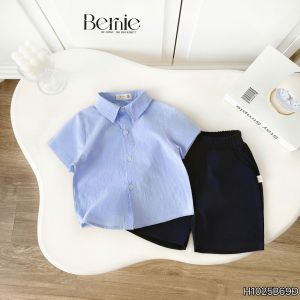 Set bộ sơ mi xanh basic tay ngắn kèm quần short cho bé trai từ 9kg đến 25kg BERNIE KIDS H0125B69Đ