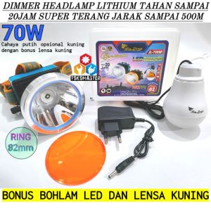 Senter Kepala 70Watt Super Terang 70W Rechargeable Headlamp Baterai Lithium Waterproof Anti air Besar Jumbo 82mm Ring Cahaya Putih Opsional Kuning