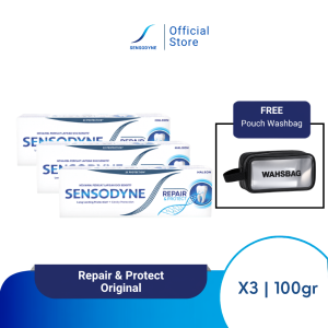 Sensodyne Toothpaste Pasta Gigi Sensitif Repair & Protect Memperbaiki Secara Menyeluruh Original 3x100gr [TRIPLEPACK] Free Pouch Kosmetik Transparan