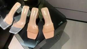 [Free Shipping] New Summer Fashionable Outdoor Sandals Transparent Crystal High Heels Chunky Heel Square Toe Strap Slippers for Women